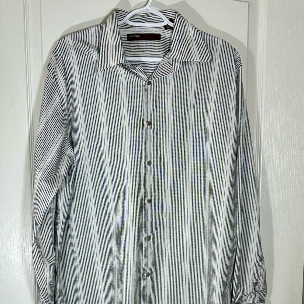 🖤EUC🖤Perry Ellis Men’s Black and White Striped Casual Shirt